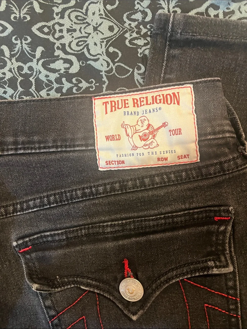 True Religion Black Jeans with Red Stitch Accents